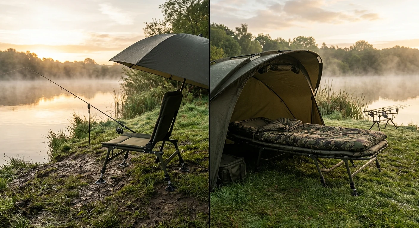 a photo shows carp chair and bedchair under fishing umbrella
